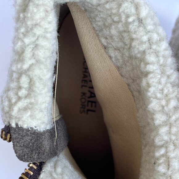 MICHAEL KORS booties Suede Fur Shearling cuff Wedge Bootie Gold MK Zipper 5 1/2 - Picture 12 of 12